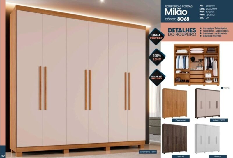 Guarda Roupa Solteirão 1m80 
6 Portas 3 Gavetas/ Cinamomo com Off ( Benetil )