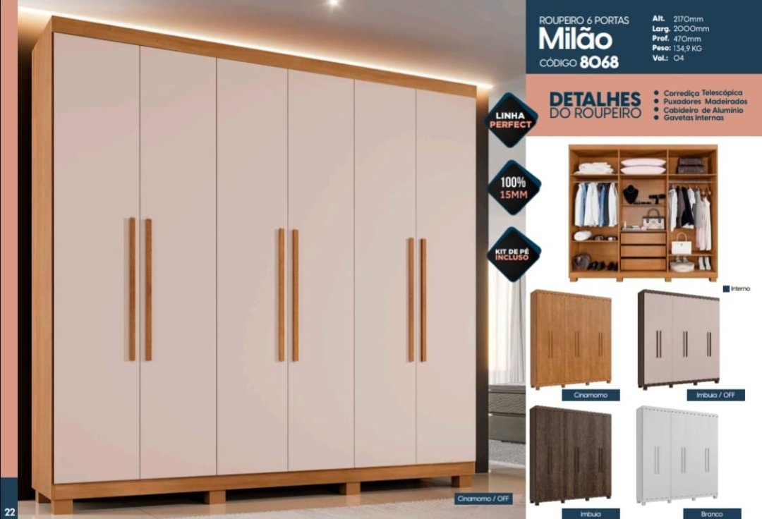 Guarda Roupa Solteirão 1m80 
6 Portas 3 Gavetas/ Cinamomo com Off ( Benetil )