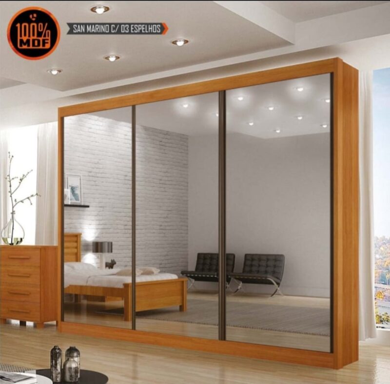 Guarda Roupa Casal  San Marino 3 Espelhos 6 Gavetas 100% MDF/ Cor: Freijo