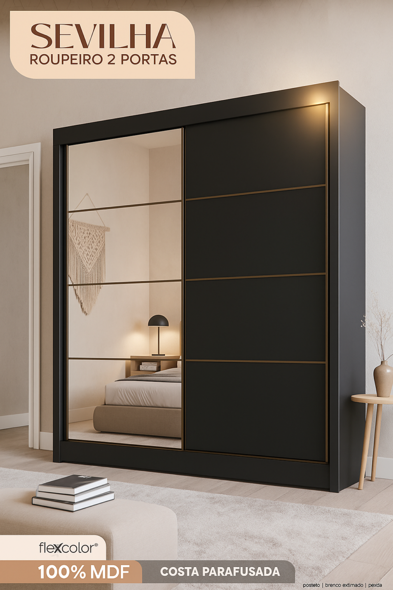 Guarda Roupa Sevilha Casal Preto Fosco 100% MDF  2 Portas de Correr/ 1 Espelhada 6 Gavetas / Interior branco