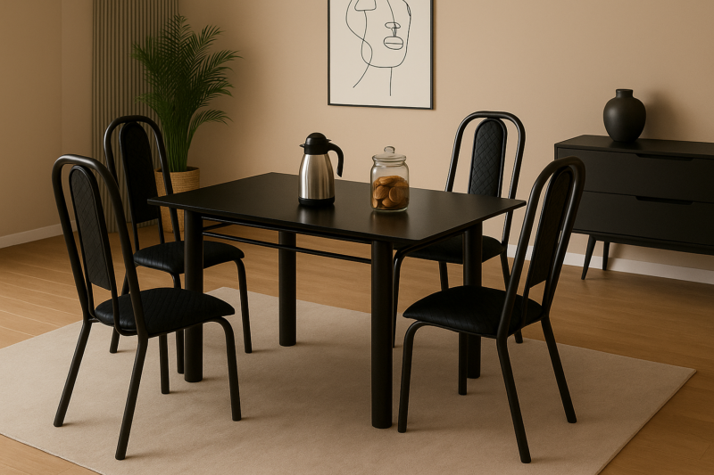 ð¥ Oferta de Aniversário ð ð¥³ 
Mesa com 4 cadeiras/ Tampo de Pedra Granitado Preto 1.20x75 
cadeiras brancas de Tubo/ Assento acolchoados / Preto liso