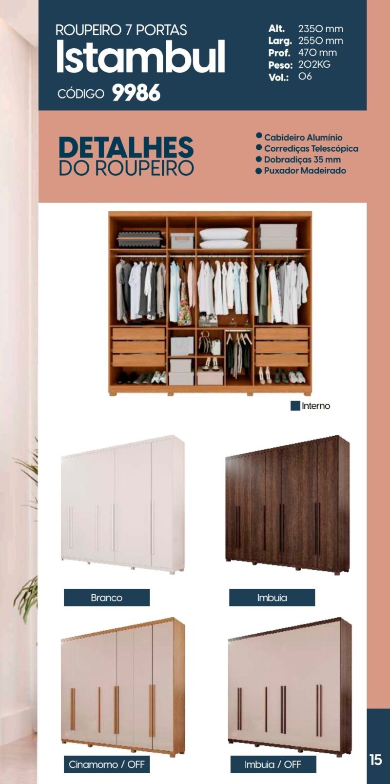 ð¥Oferta ð¥ 
Guarda Roupa Casal 7 Portas Puxadores Longos em MDF 
 6 Gavetas _ Corrediça telescópica 
Cor: Cinamomo - Imagem 2